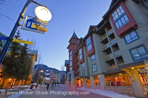 Stock photo of Town Plaza Along The Village Stroll At Dusk In Whistler Village British Columbia Canada