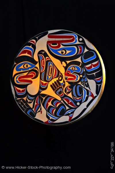 Stock photo of Native Art Drum Trevor Hunt First Nations Artist Northern Vancouver Island British Columbia Canada