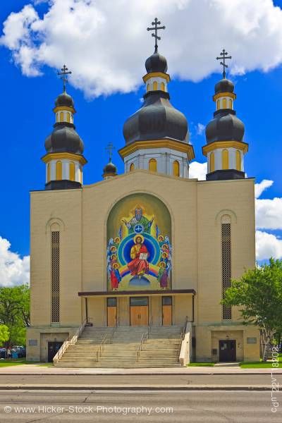 Stock photo of Holy Trinity Ukrainian Orthodox Metropolitan Cathedral Blue Sky City Of Winnipeg Manitoba Canada
