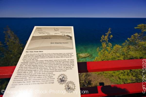 Stock photo of Interpretive sign at Light station view deck Flowerpot Island in Fathom Five National Marine Park