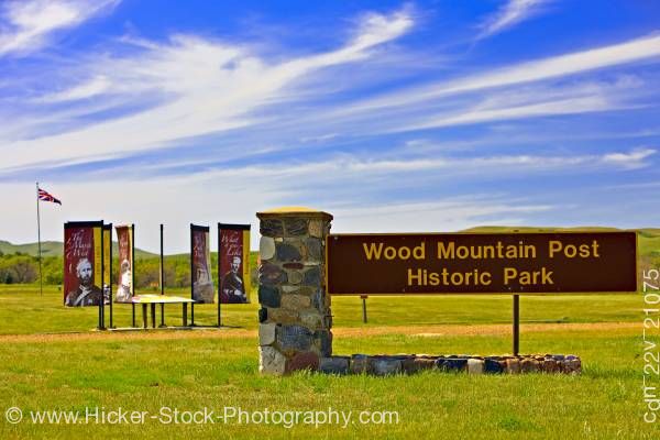 Stock photo of Sign entrance to Wood Mountain Post Provincial Historic Park Saskatchewan Canada