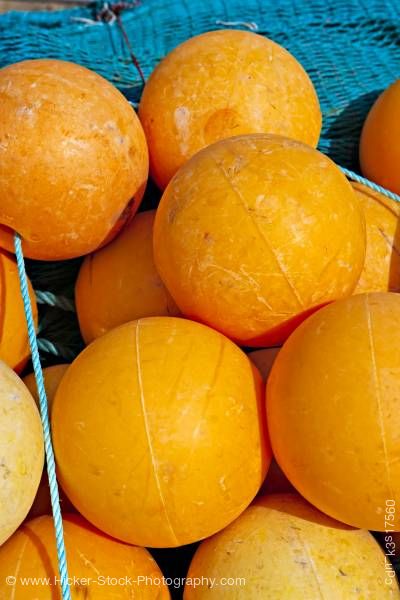 Stock photo of Yellow fishing buoys Conche Harbour Newfoundland Canada